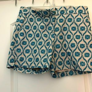 LOFT Size 8 Riviera shorts in Linen with embroidery design in teal blue.
